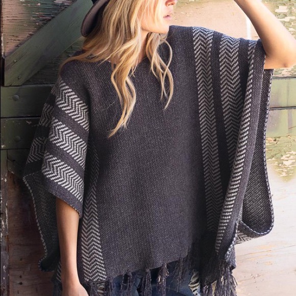 V-Neck Poncho with Fringe Detail - Picture 1 of 6